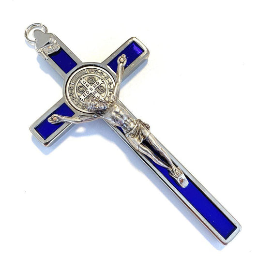Blue 4.5" Saint St. Benedict Wall Crucifix - Exorcism Cross - Blessed By Pope | Catholically