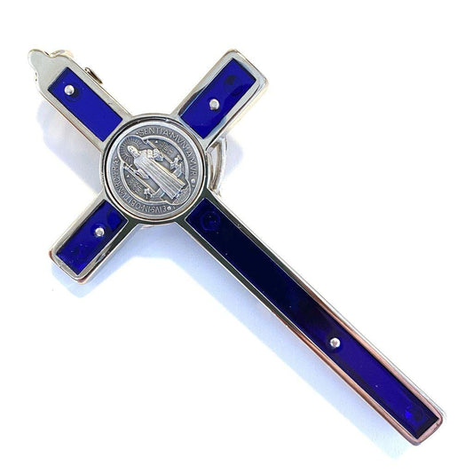 Blue 4.5" Saint St. Benedict Wall Crucifix - Exorcism Cross - Blessed By Pope | Catholically