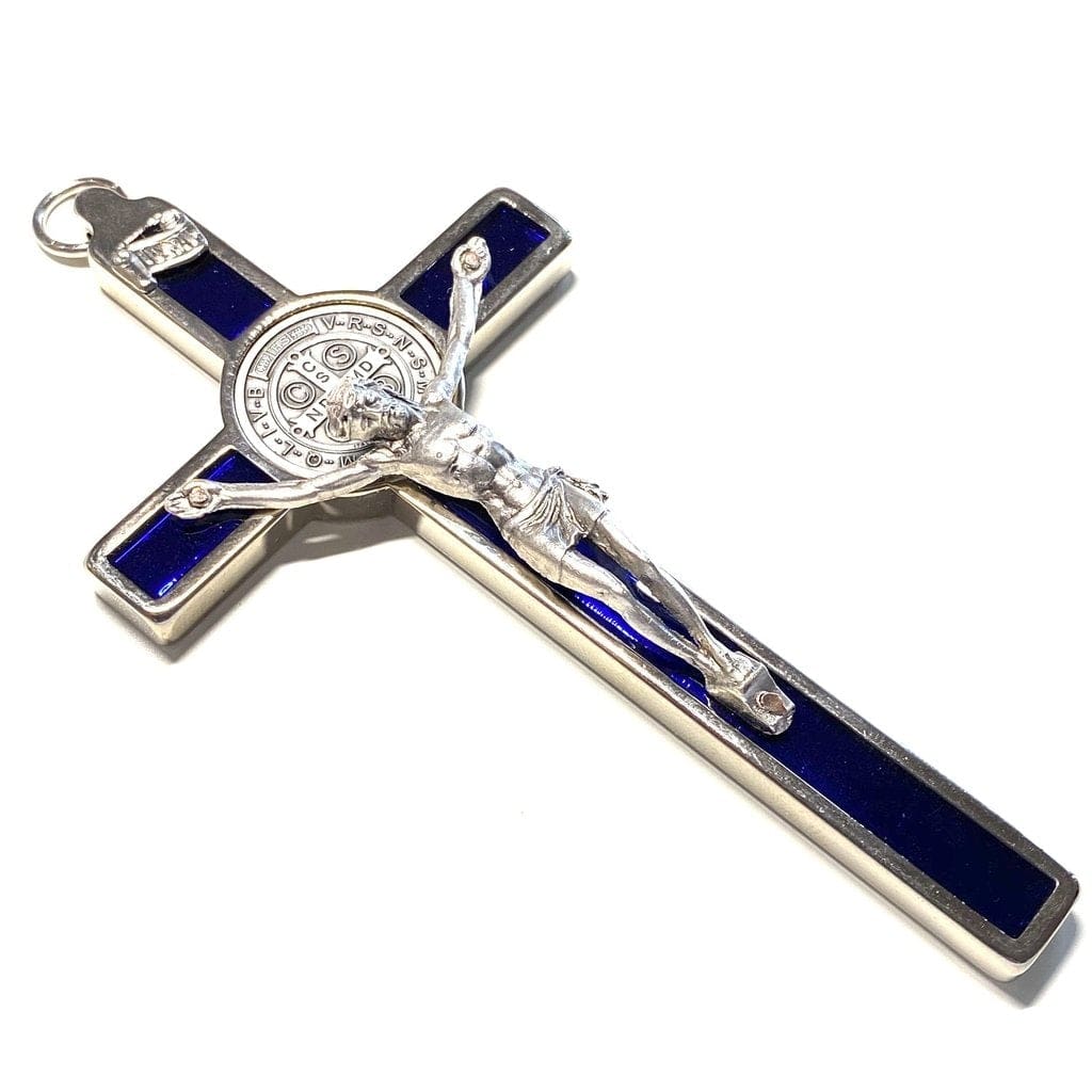 Blue 4.5" Saint St. Benedict Wall Crucifix - Exorcism Cross - Blessed By Pope | Catholically