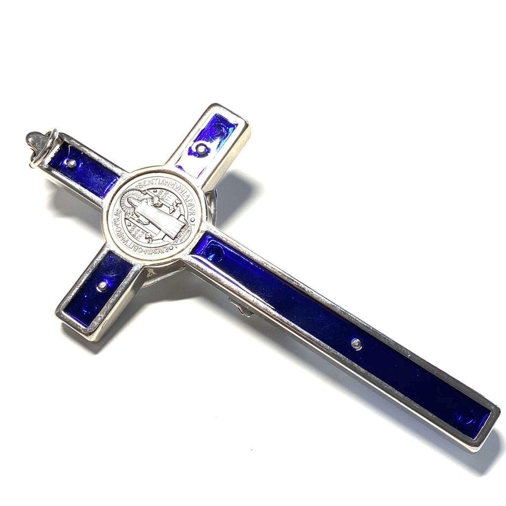Blue 4.5" Saint St. Benedict Wall Crucifix - Exorcism Cross - Blessed By Pope | Catholically