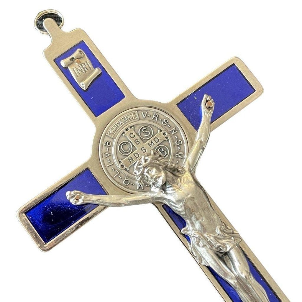 Blue 7.5" St. Benedict Cross Crucifix - Exorcism cross -Blessed by Pope | Catholically