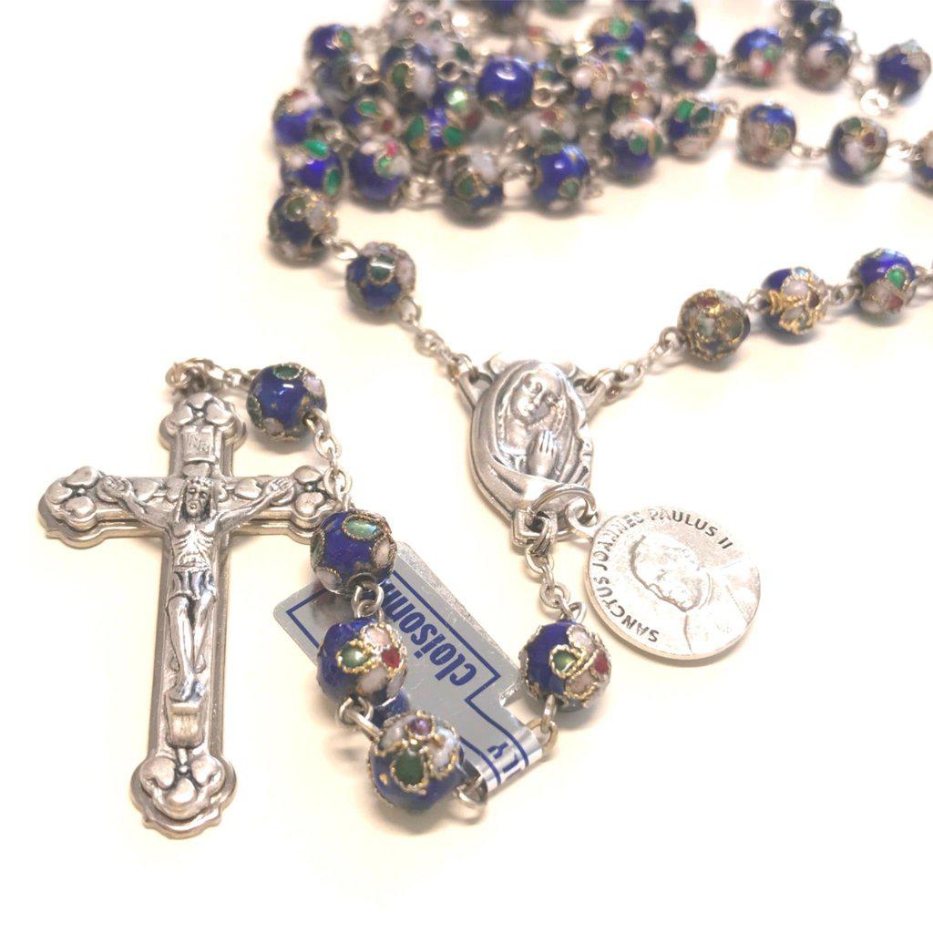 Blue Cloisonne Rosary - St.John Paul II w/ Ex-Indumentis Relic Medal -Blessed | Catholically