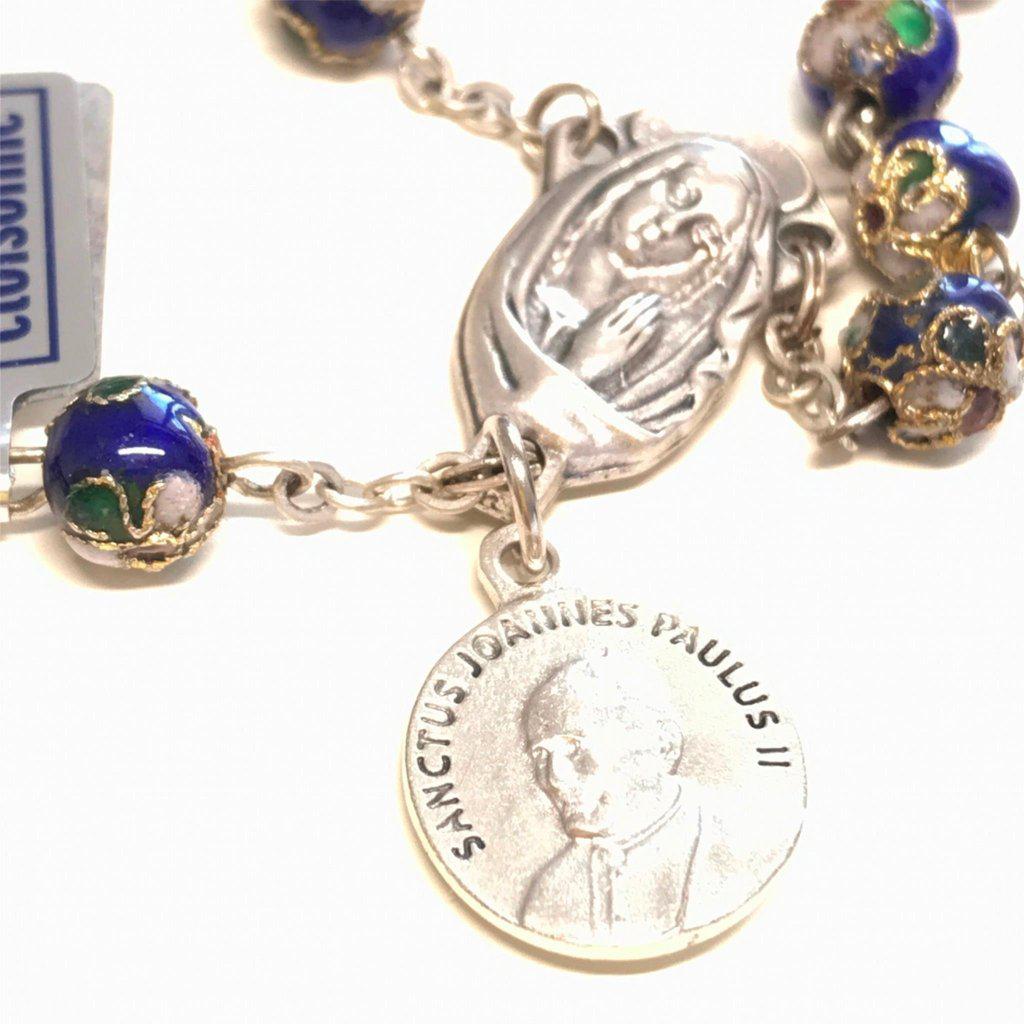 Blue Cloisonne Rosary - St.John Paul II w/ Ex-Indumentis Relic Medal -Blessed | Catholically