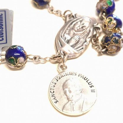 Blue Cloisonne Rosary - St.John Paul II w/ Ex-Indumentis Relic Medal -Blessed | Catholically