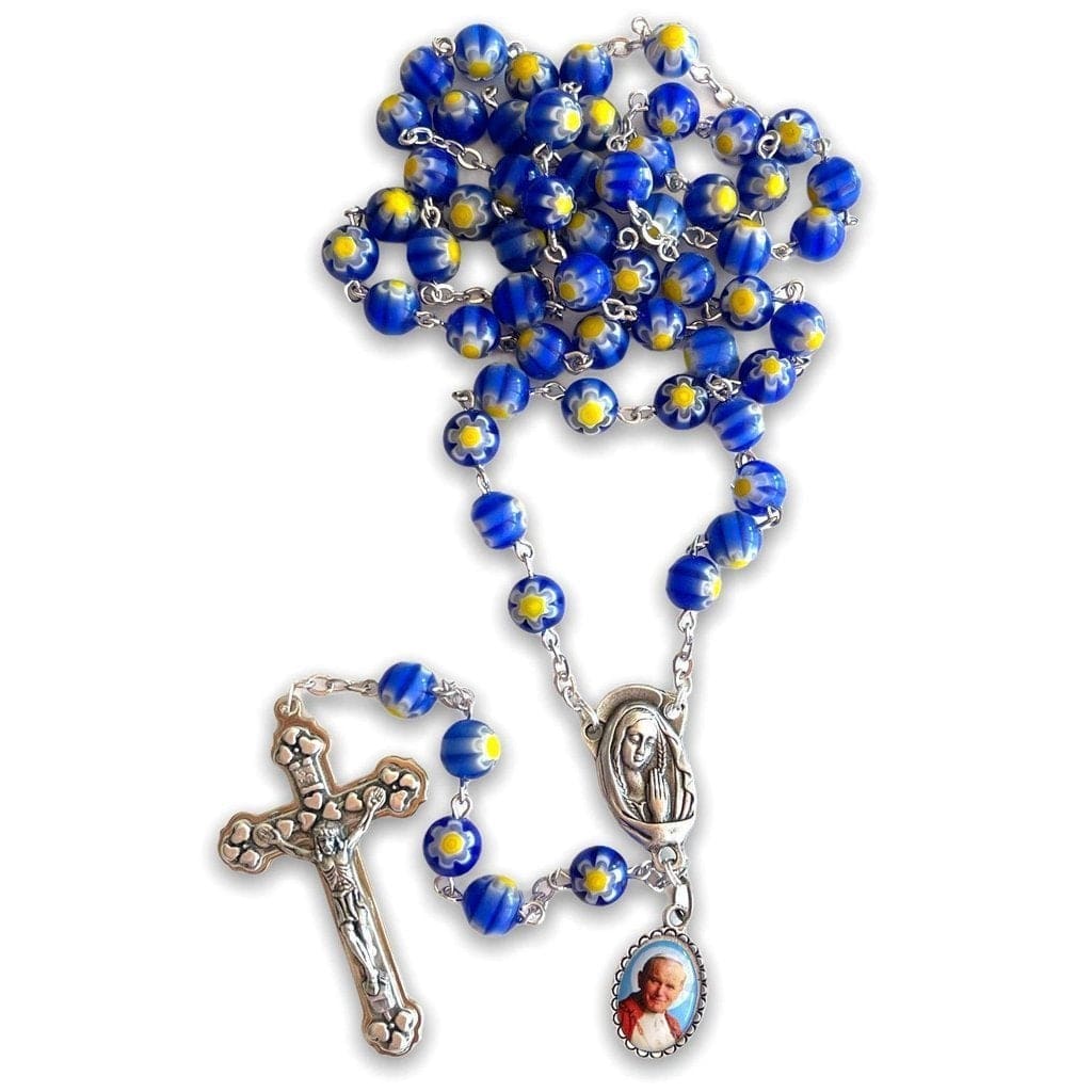 Blue Venetian Glass Murrina - St. John Paul II Relic Rosary | Catholically