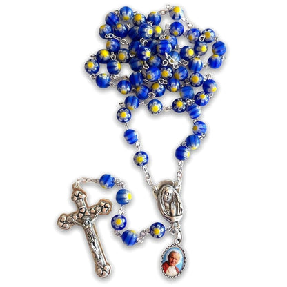 Blue Venetian Glass Murrina - St. John Paul II Relic Rosary | Catholically