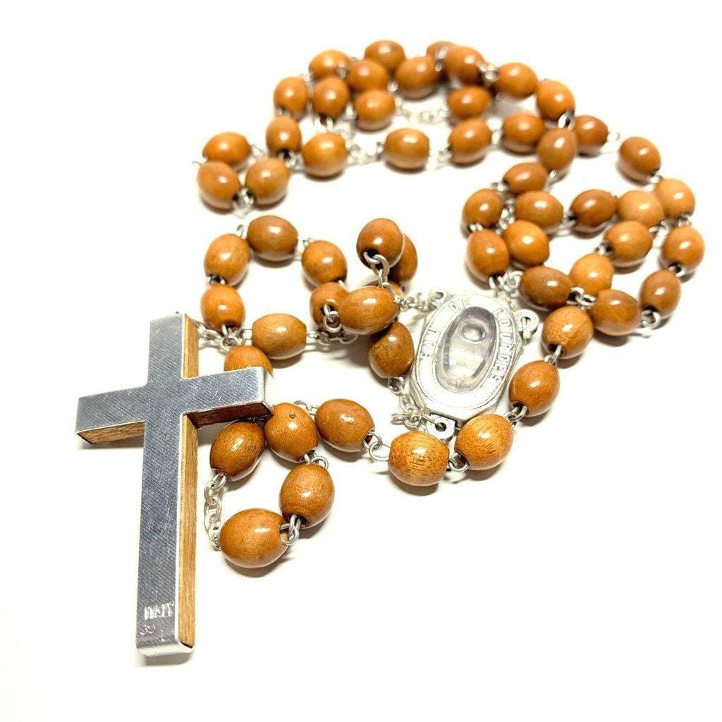 Catholic Wooden Rosary Lourdes Water Relic Medal - Blessed By Pope | Catholically