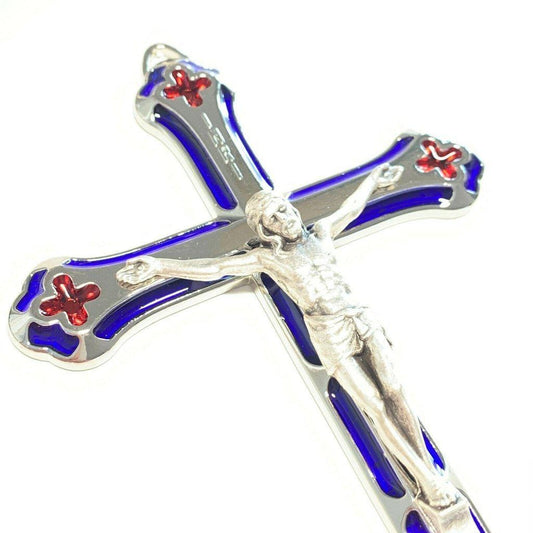 Colorful Blue & Red 5" 1/2 Crucifix - Cross Blessed By Pope | Catholically