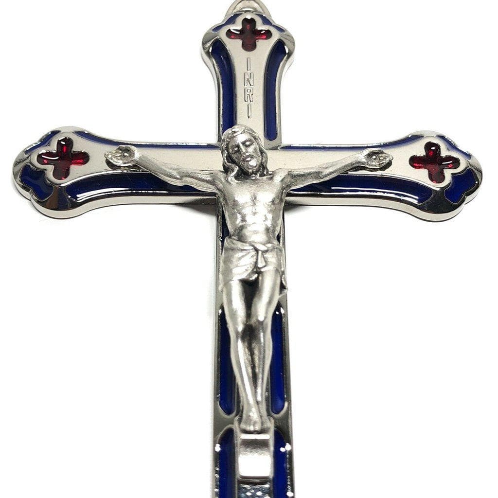 Colorful Blue & Red 5" 1/2 Crucifix - Cross Blessed By Pope | Catholically