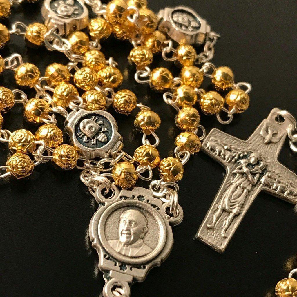 Dedicated To Pope Francis - Tiny Golden Rosary w/ Case - Blessed By Pope | Catholically