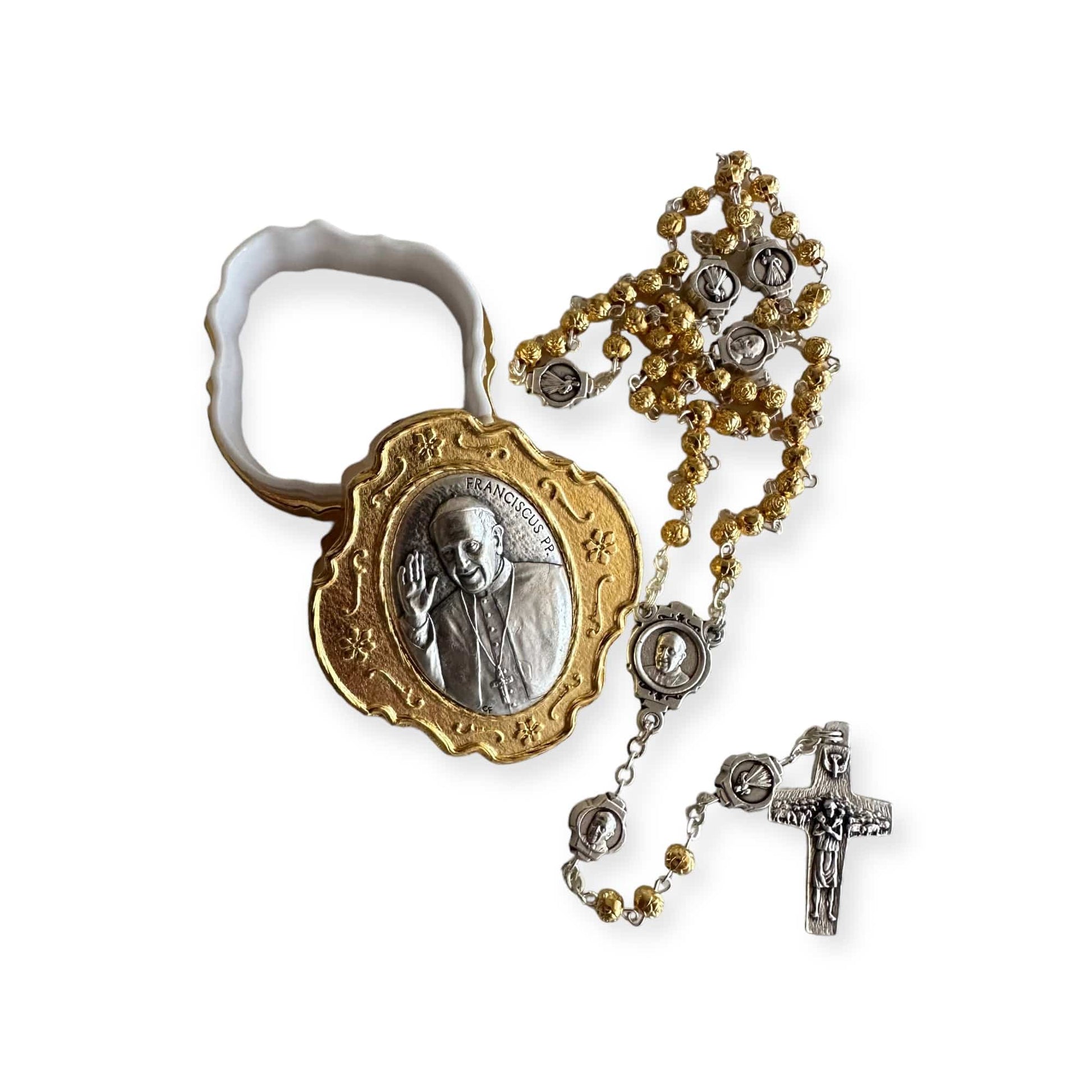Dedicated To Pope Francis - Tiny Golden Rosary w/ Case - Blessed By Pope | Catholically