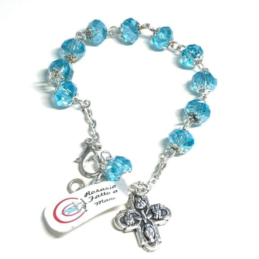 Four Way Medal - Hand Made Ten Beads Aqua Rosary Bracelet - Blessed By Pope | Catholically