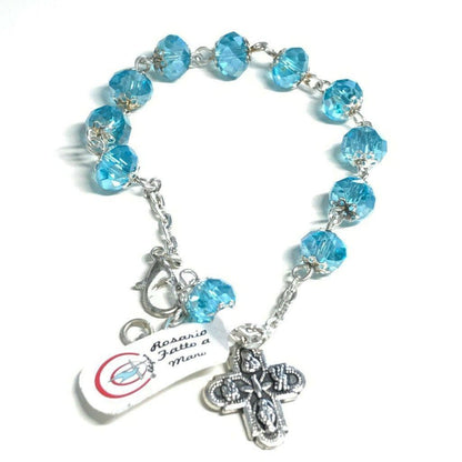 Four Way Medal - Hand Made Ten Beads Aqua Rosary Bracelet - Blessed By Pope | Catholically