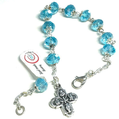 Four Way Medal - Hand Made Ten Beads Aqua Rosary Bracelet - Blessed By Pope | Catholically