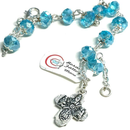 Four Way Medal - Hand Made Ten Beads Aqua Rosary Bracelet - Blessed By Pope | Catholically