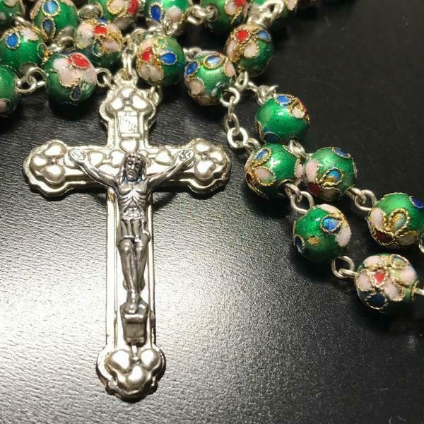 Green Cloisonne Rosary Blessed By Pope - Prayer Beads | Catholically