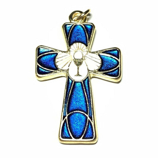 Holy Communion Cross - Brass & Blue Enamel Crucifix - Blessed By Pope | Catholically