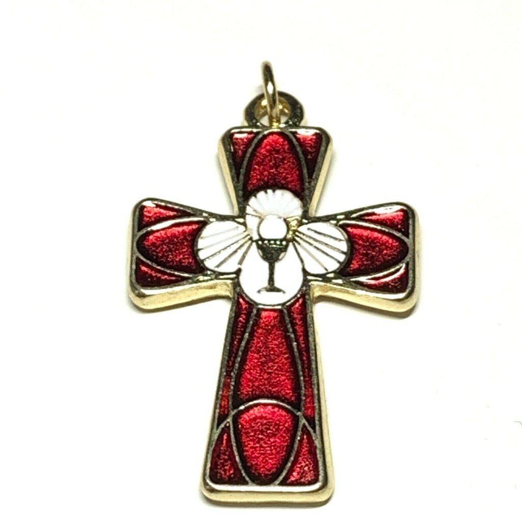 Holy Communion Cross - Brass & Red Enamel Crucifix - Blessed By Pope | Catholically