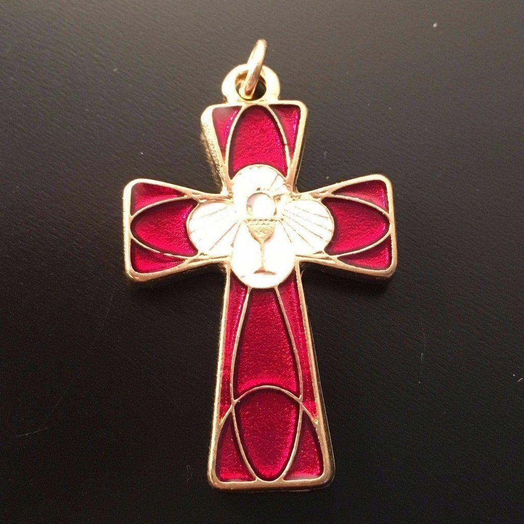 Holy Communion Cross - Brass & Red Enamel Crucifix - Blessed By Pope | Catholically