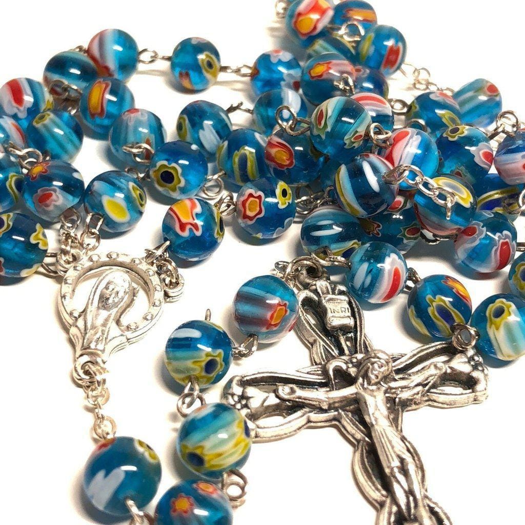 Holy Communion -Murrina Glass Blue Italian Rosary Virgin Mary Blessed By Pope | Catholically