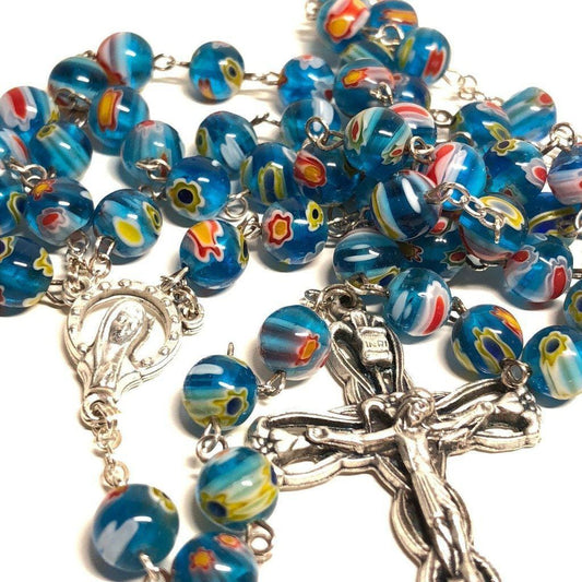 Holy Communion -Murrina Glass Blue Italian Rosary Virgin Mary Blessed By Pope | Catholically