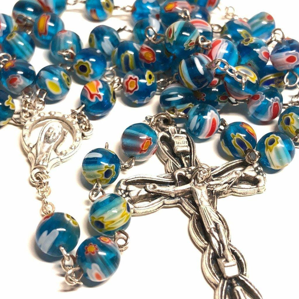 Holy Communion -Murrina Glass Blue Italian Rosary Virgin Mary Blessed By Pope | Catholically