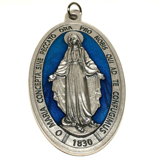 Huge Miraculous Medal 3" with Blue Enamel - Blessed By Pope LeoXIV | Catholically