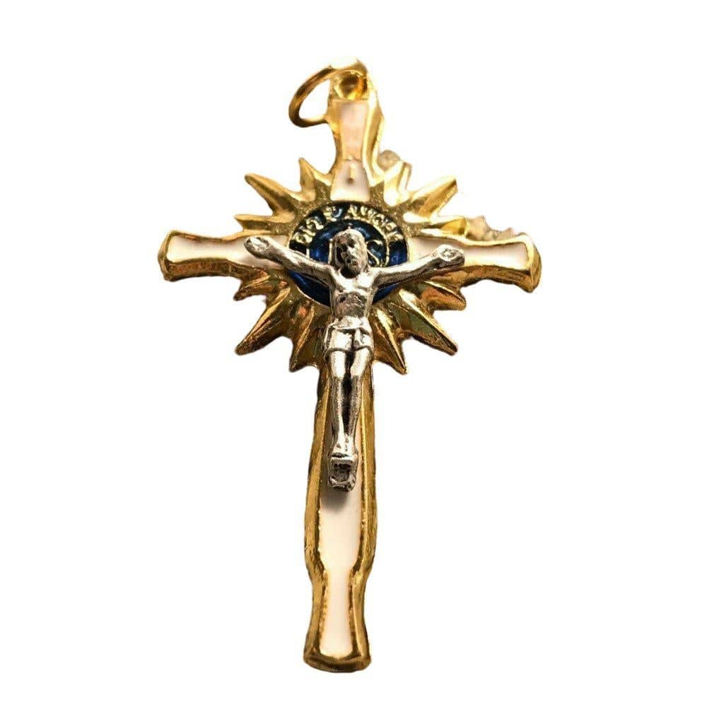 Little Cross Crucifix Blessed by Pope - White Enamel over Brass | Catholically