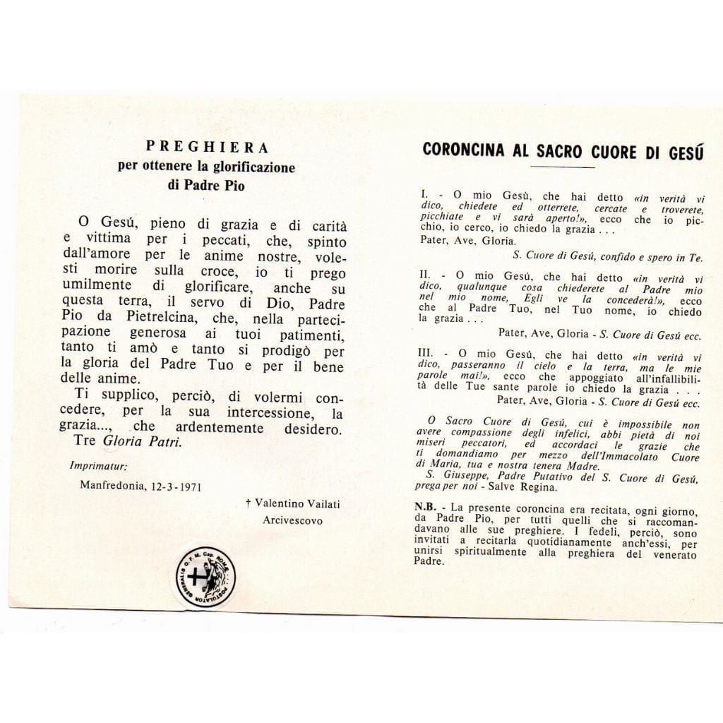 Padre Pio Holy Card - St. Pio vintage Prayer Card | Catholically