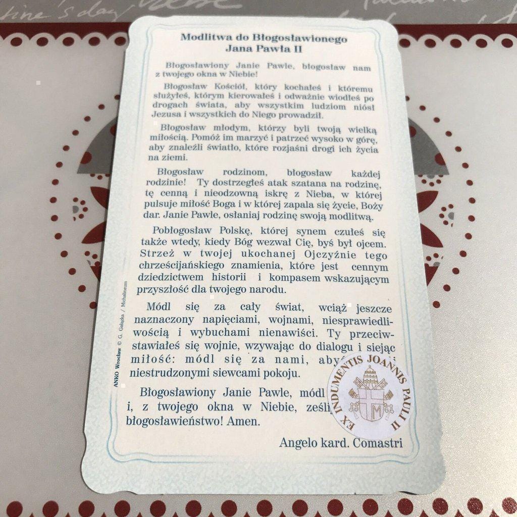 Pope St. John Paul II Holy Card w/ Second Class Relic - Nun Estate | Catholically