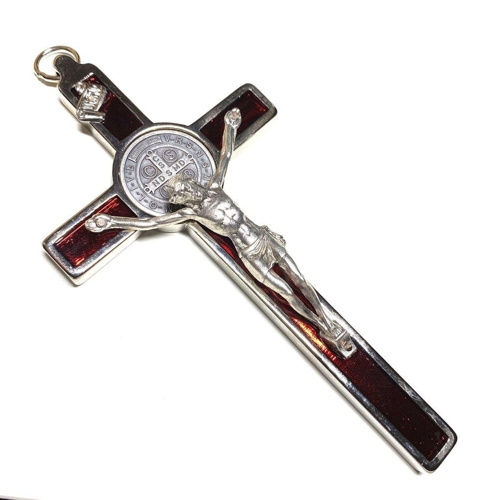 Red 4.5" Saint St. Benedict Wall Crucifix - Exorcism Cross - Blessed By Pope | Catholically