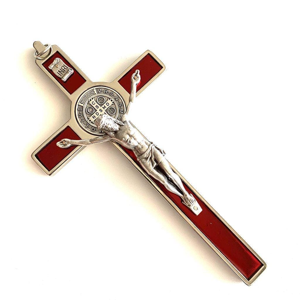 Red 7.5" Saint Benedict Wall Crucifix - Exorcism Cross - Blessed By Pope | Catholically