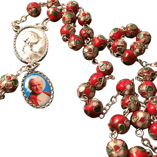 Red Cloisonne Rosary - St.John Paul Ii W/ Ex-Indumentis Relic Medal - Blessed | Catholically