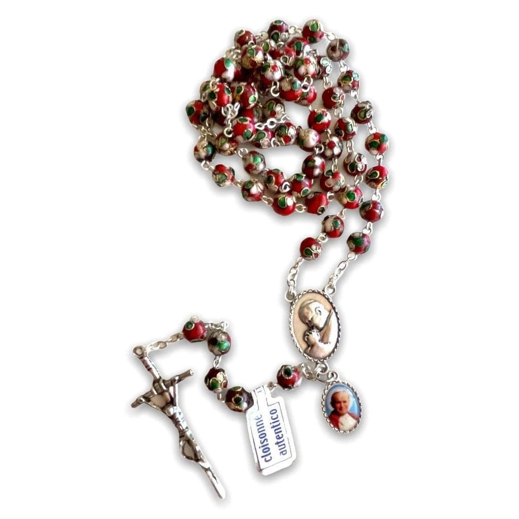 Red Cloisonne Rosary - St.John Paul Ii W/ Ex-Indumentis Relic Medal - Blessed | Catholically