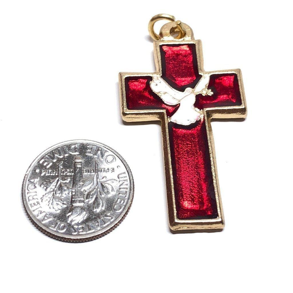 Red Enamel Chi-Rho Dove Cross - Brass & Enamel Crucifix - Blessed By Pope | Catholically