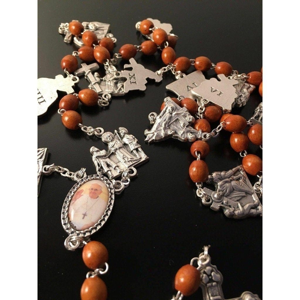 Rosary Stations Of The Cross Light Brown Wood -Blessed By Pope | Catholically