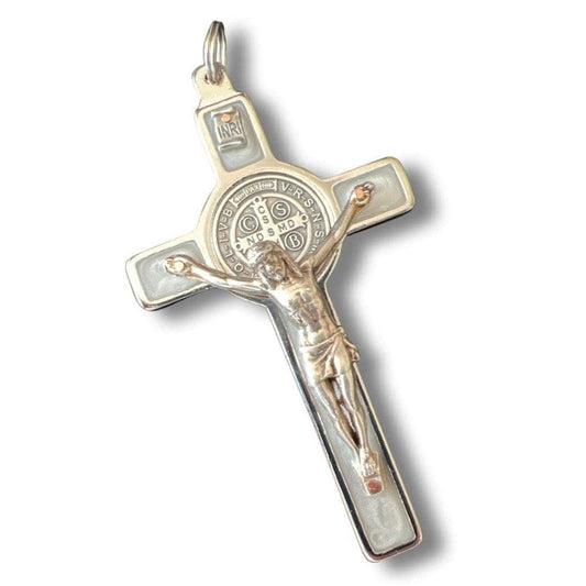 Saint Benedict 3" Pearl White Crucifix - Small Pectoral Cross | Catholically