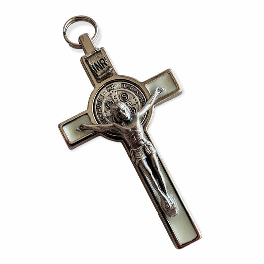 Saint Benedict 3" White Crucifix - Exorcism -  Cross GLOW in the DARK | Catholically