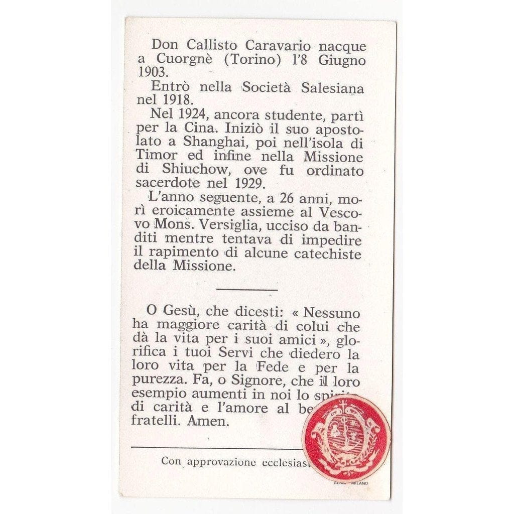 Saint Callistus Caravario - Vintage Holy Card with Relic | Catholically