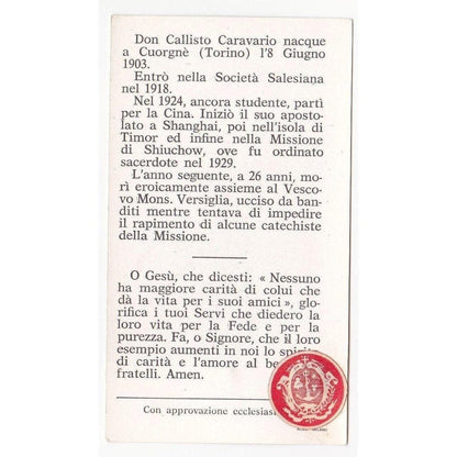 Saint Callistus Caravario - Vintage Holy Card with Relic | Catholically