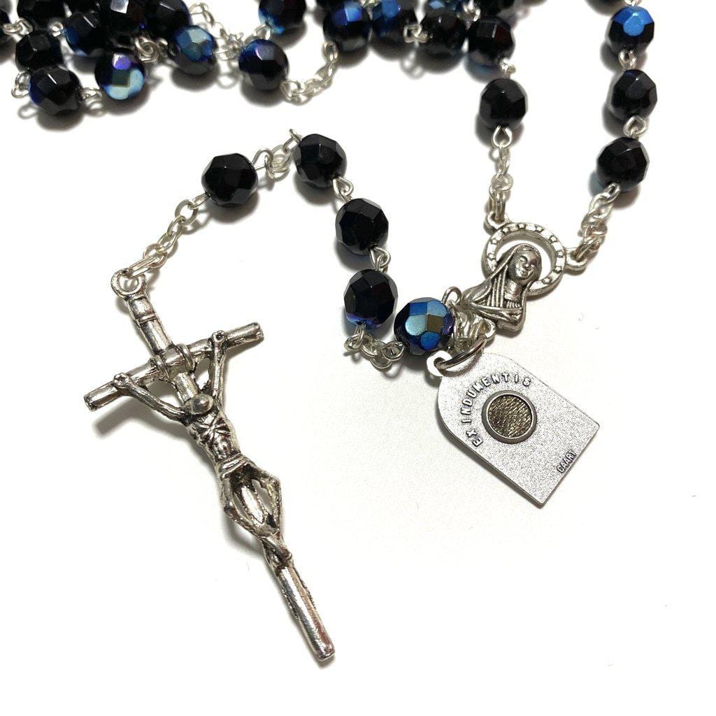 Saint Padre Pio Black Rosary Blessed By Pope w/ 2nd Class Relic - St. Father Pio | Catholically