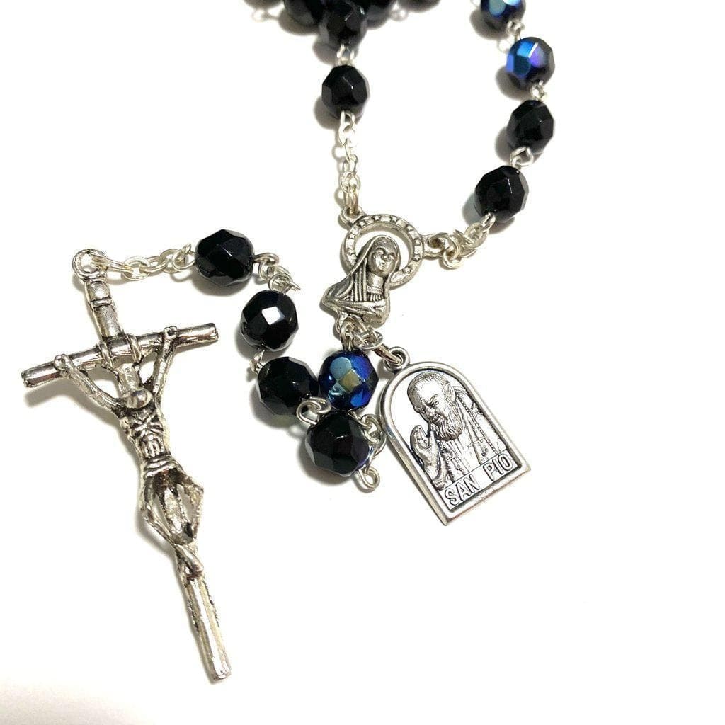 Saint Padre Pio Black Rosary Blessed By Pope w/ 2nd Class Relic - St. Father Pio | Catholically
