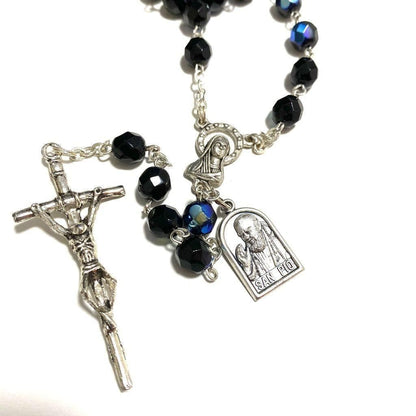 Saint Padre Pio Black Rosary Blessed By Pope w/ 2nd Class Relic - St. Father Pio | Catholically