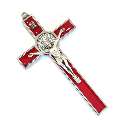 Silver-tone Red 5" St. Benedict  Crucifix -Exorcism -Blessed Cross | Catholically