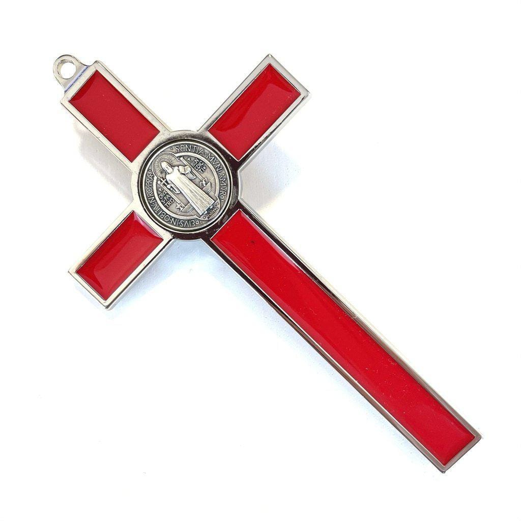 Silver-tone Red 5" St. Benedict  Crucifix -Exorcism -Blessed Cross | Catholically