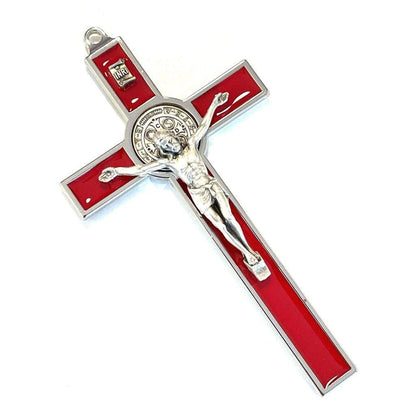 Silver-tone Red 5" St. Benedict  Crucifix -Exorcism -Blessed Cross | Catholically