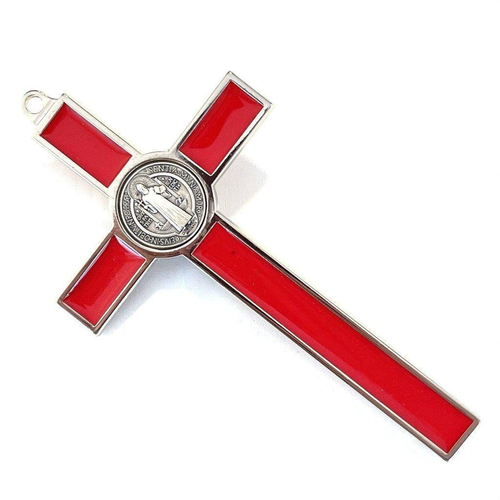 Silver-tone Red 5" St. Benedict  Crucifix -Exorcism -Blessed Cross | Catholically
