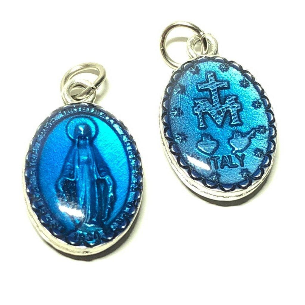 Small Miraculous Medal - Blue Enamel Blessed By Pope Pendant - Virgin Mary | Catholically