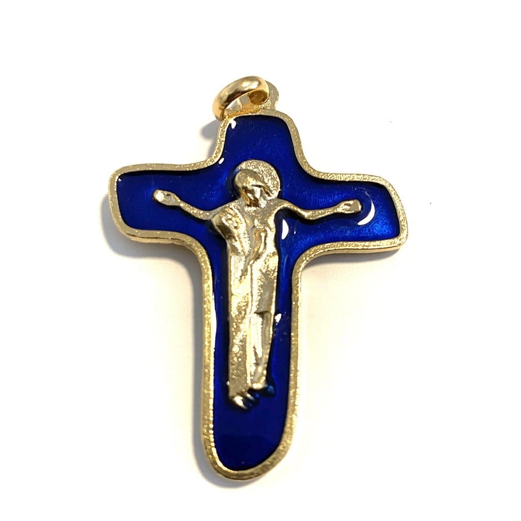 Sorrowful Mother Pectoral Cross - 1" 3/4 Blue Crucifix - Blessed By Pope - Parts | Catholically