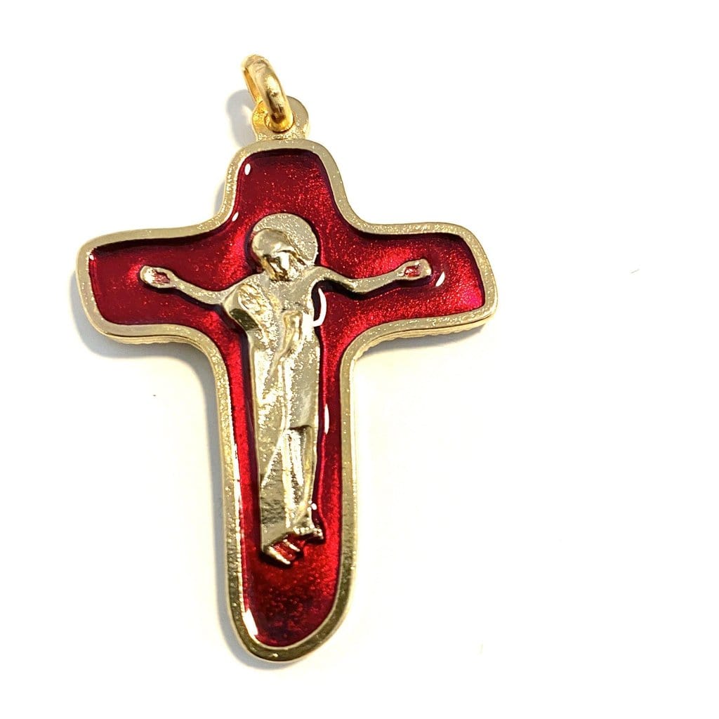 Sorrowful Mother Pectoral Cross - 1" 3/4 Red Crucifix - Blessed By Pope - Parts | Catholically